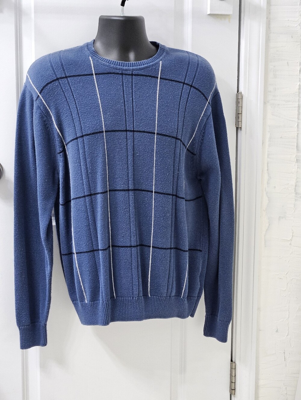 Taylor Blue Crewneck Sweater with Black & White Windowpane